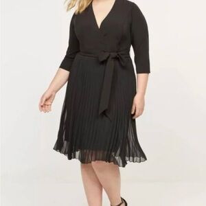 Lane Bryant Black Pleated Midi Dress 3/4‎ Sleeve V-Neck Belted Sz 16 Academia